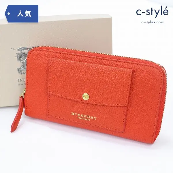 BURBERRY バーバリー ラウンドファスナー レザー 長財布 プローサム オレンジ