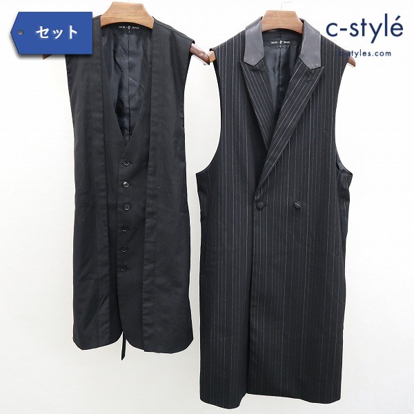 NO ID .BLACK レザー 切替 ダブルブレストロングベスト + レイヤードベスト 1 ブラック