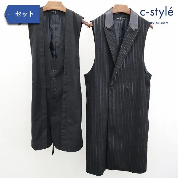 NO ID .BLACK レザー 切替 ダブルブレストロングベスト + レイヤードベスト 1 ブラック