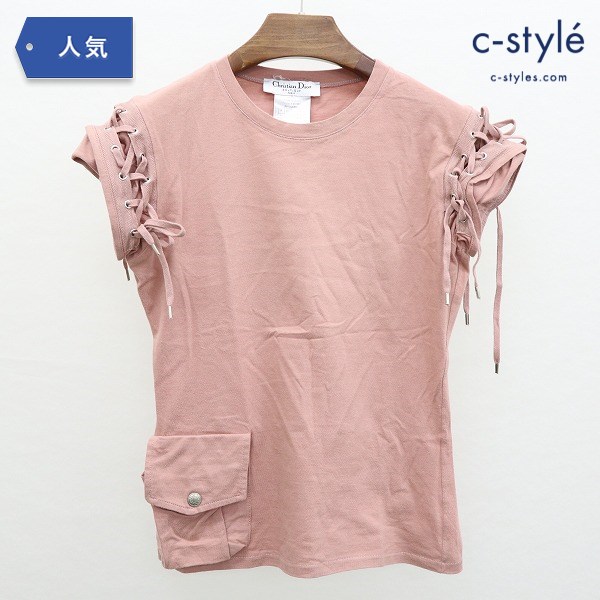 Christian Dior ディオール カットソー USA6 ピンクベージュ 半袖 リボン