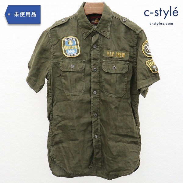HYSTERIC GLAMOUR リネン半袖シャツ ワッペン M カーキ 0242AH04 ワークシャツ