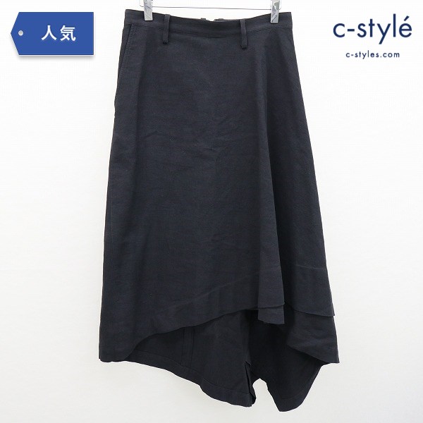 YOHJI YAMAMOTO ヨウジヤマモト リネン混ロングスカート 2 ブラック NW-S16-031 麻 アシンメトリー