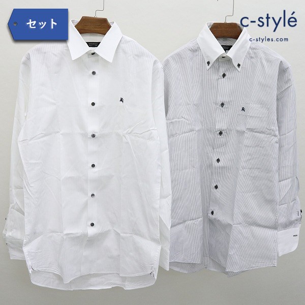 BURBERRY BLACK LABEL ロゴ刺繍 ワイシャツ 40 ホワイト グレー系 長袖 ストライプ柄