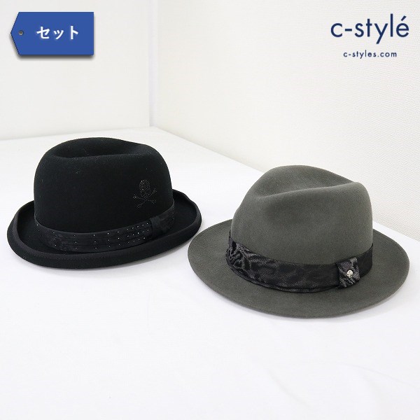 Roen ロエン 中折れハット ブラック グレー フェルトハット 帽子 スワロフスキー スカル 無地 計2点