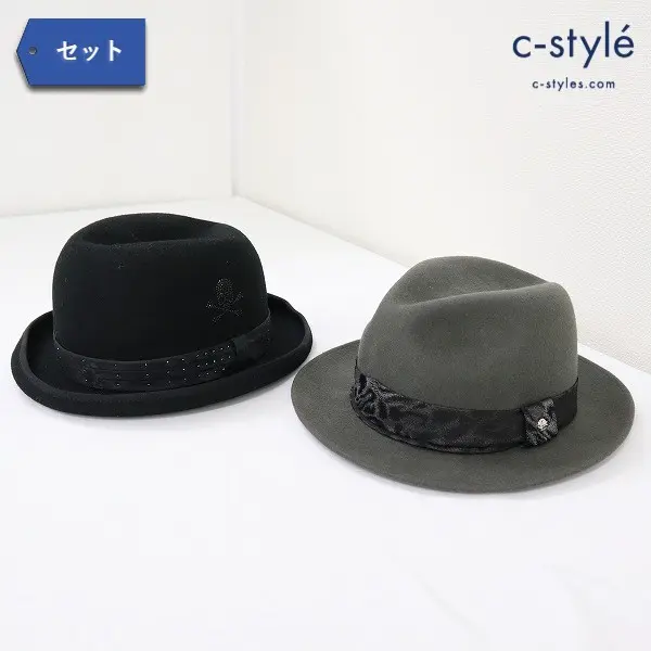 Roen ロエン 中折れハット ブラック グレー フェルトハット 帽子 スワロフスキー スカル 無地 計2点