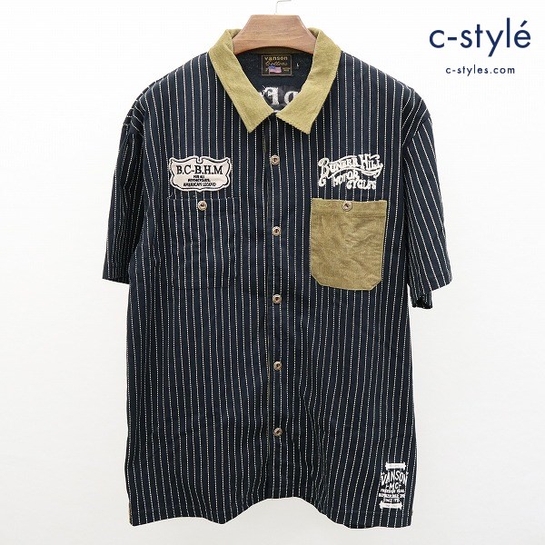 VANSON バンソン 半袖 ワークシャツ L ブラック ワッペン 刺繍