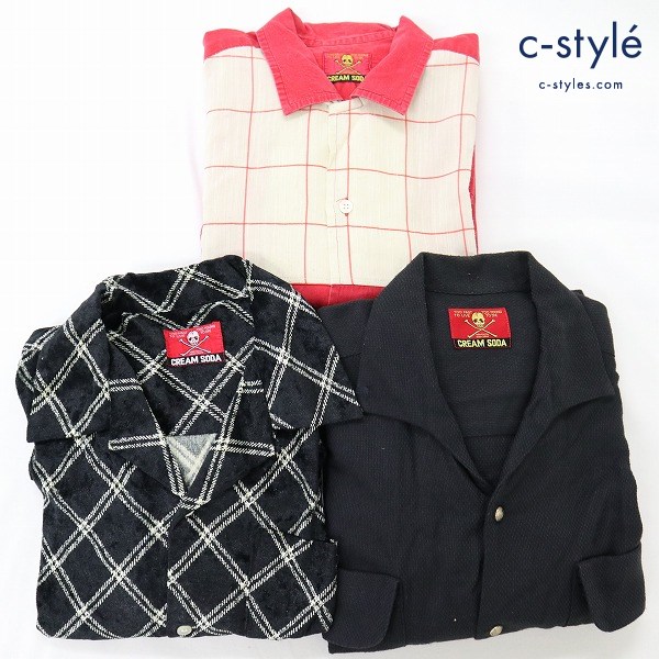 CREAM SODA クリームソーダ 長袖シャツ ロカビリー チェック柄 切替 金タグ ベロア調 ブラック レッド 計3点