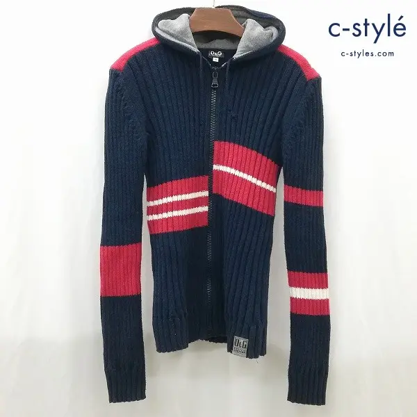 DOLCE & GABBANA D&G ニット ジップアップパーカー M ネイビー ロゴ フード イタリア製