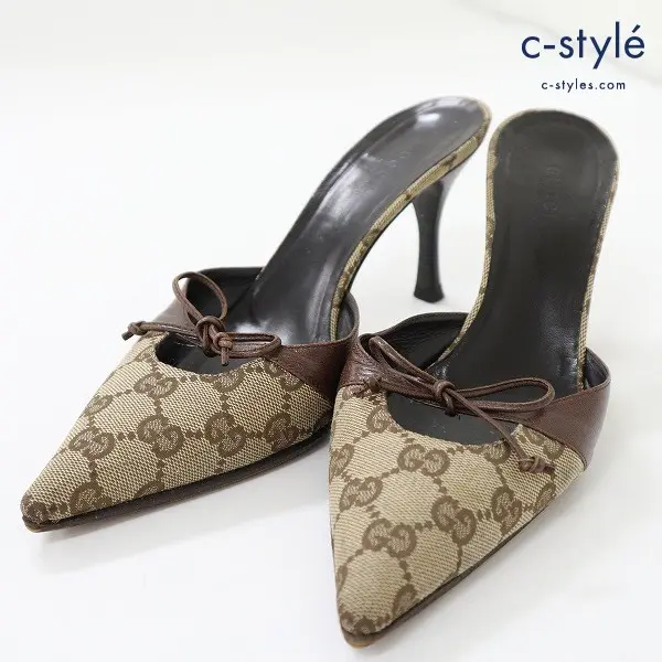 GUCCI グッチ ミュール サンダル 36C ベージュ×ブラウン リボン ヒール イタリア製 モノグラム