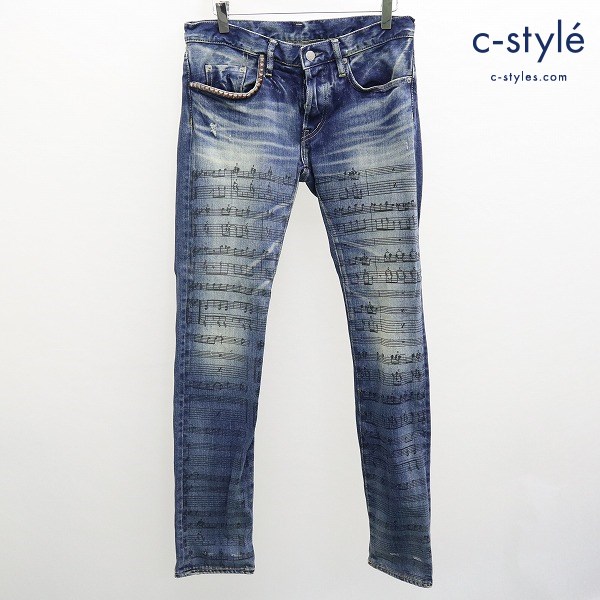 HYSTERIC GLAMOUR 音符 スタッズ ダメージ加工 デニムパンツ 30 インディゴ ボタンフライ 牛革パッチ