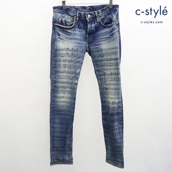 HYSTERIC GLAMOUR 音符 スタッズ ダメージ加工 デニムパンツ 30 インディゴ ボタンフライ 牛革パッチ