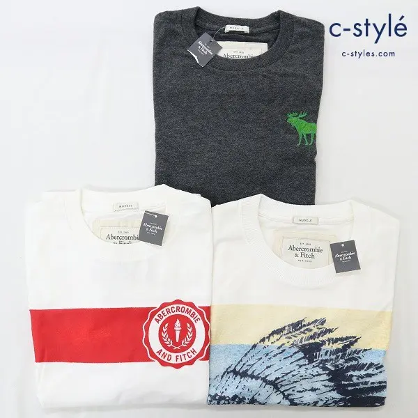 Abercrombie&Fitch Tシャツ Mサイズ 半袖 ヘラジカ刺繍 クルーネック プリント ホワイト グレー 3点