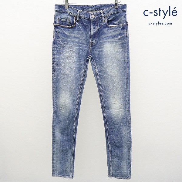 HYSTERIC GLAMOUR 詩刺繍デニムパンツ 30 インディゴ 4AP-2962 スタッズ 牛革パッチ 日本製 ボタンフライ