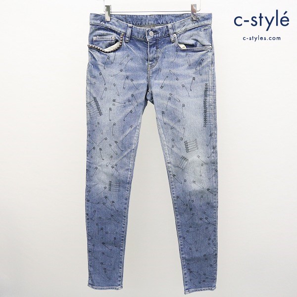 HYSTERIC GLAMOUR 安全ピンプリント加工デニムパンツ M インディゴ 0103AP06 スタッズ 日本製 牛革パッチ