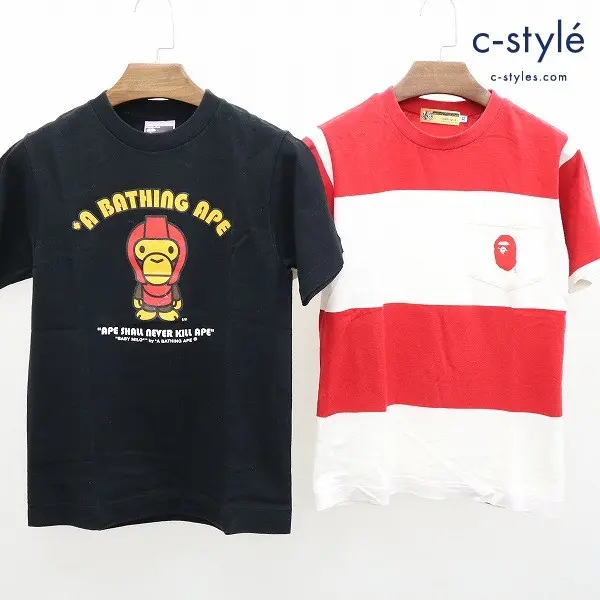 A BATHING APE アベイシングエイプ Tシャツ XS 計2点 ホワイト×レッド ブラック 半袖 クルーネック