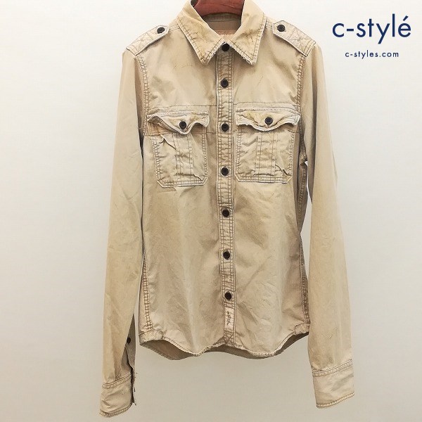 Abercrombie & Fitch ミリタリージャケットシャツ M ベージュ 長袖 ダメージ ヴィンテージ加工
