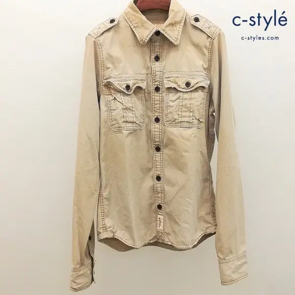 Abercrombie & Fitch ミリタリージャケットシャツ M ベージュ 長袖 ダメージ ヴィンテージ加工