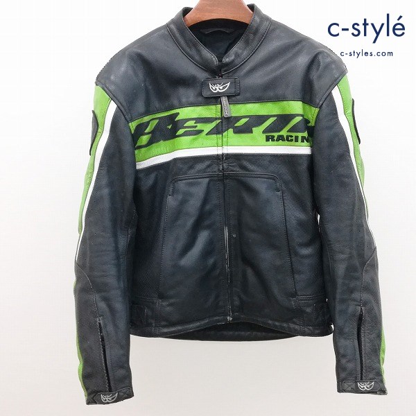 BERIK ベリック レザージャケット XL ブラック×グリーン×ホワイト 長袖 ロゴ刺繍 ジップアップ 革