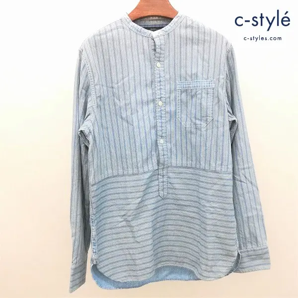 RRL ダブルアールエル ノーカラーワークシャツ S インディゴ ストライプ ボーダー パッチワークシャツ 綿100％