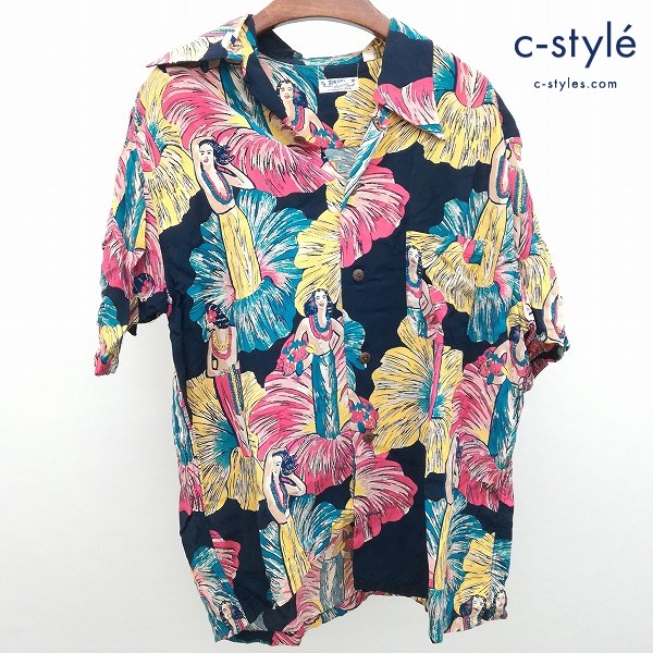 SUN SURF サンサーフ アロハシャツ L 紺系 M32186 レーヨン100% 総柄 フラダンス