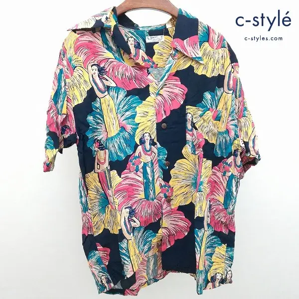 SUN SURF サンサーフ アロハシャツ L 紺系 M32186 レーヨン100% 総柄 フラダンス