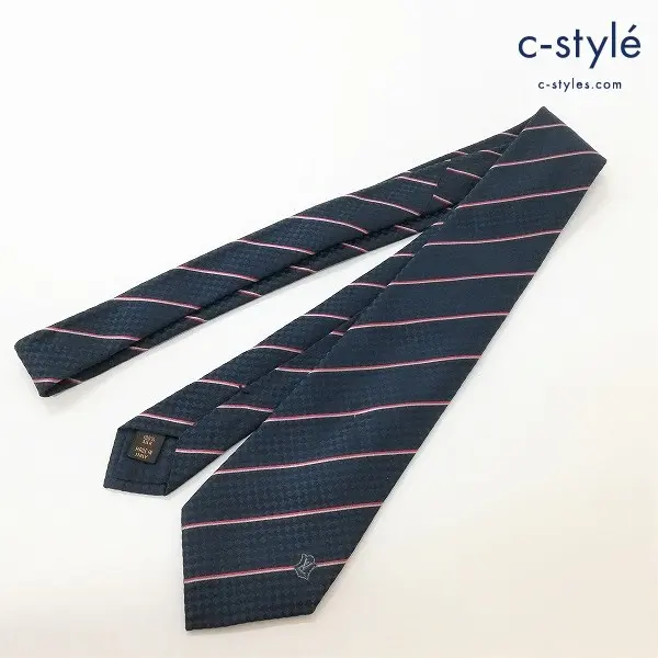 LOUIS VUITTON ルイヴィトン ネクタイ レジメンタルストライプ プチダミエ イタリア製 シルク100 ネイビー×レッド×ホワイト