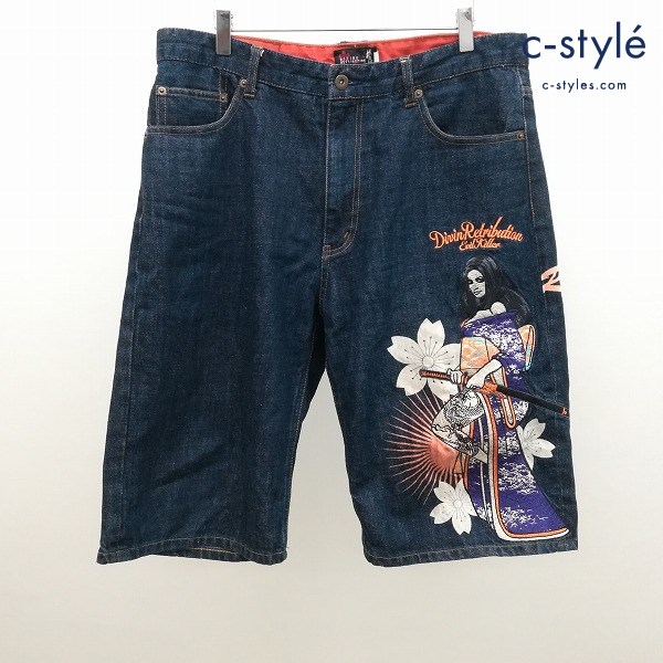 抜刀娘 バットウムスメ デニムハーフパンツ 36 インディゴ 和柄 刺繍 ジーンズ ショートパンツ