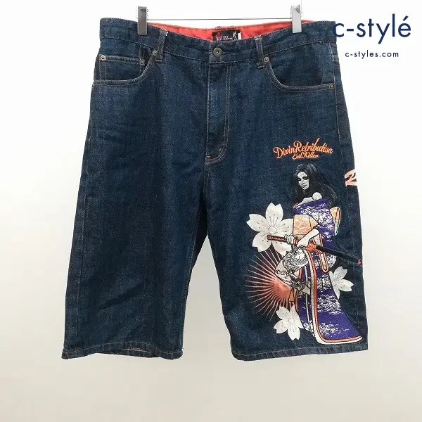 抜刀娘 バットウムスメ デニムハーフパンツ 36 インディゴ 和柄 刺繍 ジーンズ ショートパンツ