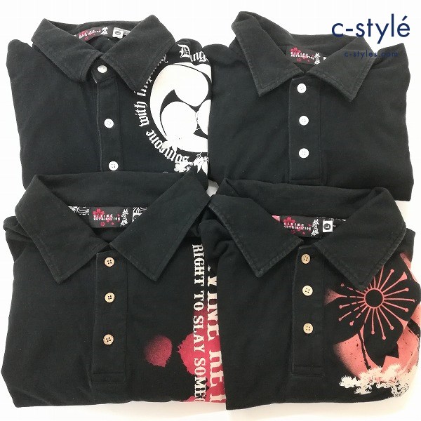 抜刀娘 ポロシャツ L ブラック 半袖 和柄 刺繍 プリント 綿100 計4点