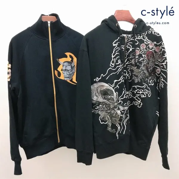 絡繰魂 パーカー スウェットジャケット XL ブラック 和柄 刺繍 プリント 綿100
