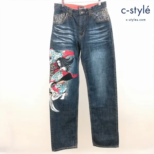 抜刀娘 デニムパンツ 30 インディゴ 結愛武芸 和柄 刺繍 ジーンズ 綿100
