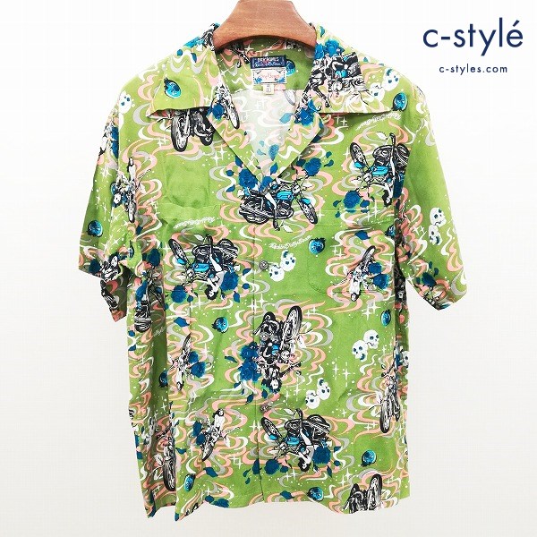 Dry Bones × Rockin’Jelly Bean アロハシャツ L 40 グリーン系 半袖 総柄 日本製