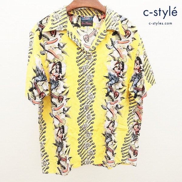 Dry Bones × Rockin’Jelly Bean アロハシャツ L 40 イエロー系 半袖 総柄 日本製