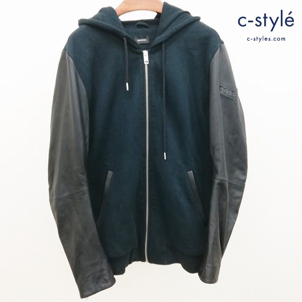 DIESEL ディーゼル 羊革レザー切り替えパーカー M ブラック フード 長袖 ジップアップ 綿100