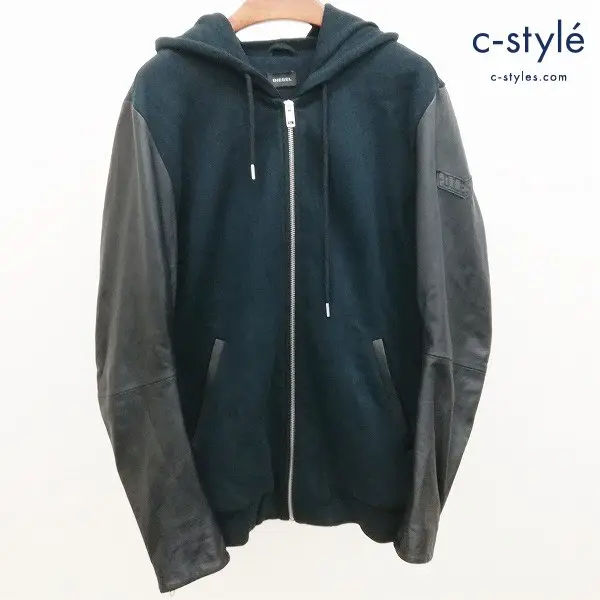 DIESEL ディーゼル 羊革レザー切り替えパーカー M ブラック フード 長袖 ジップアップ 綿100