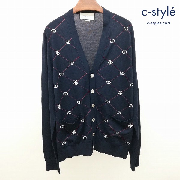 GUCCI グッチ 597741 XKA4I モノグラムニットカーディガン M 紺 イタリア製 ウール
