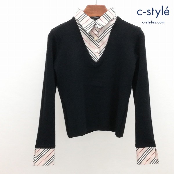 BURBERRY バーバリー 重ね着風 Vネックニット 160A ブラック×ベージュ系 長袖 綿100% レディース