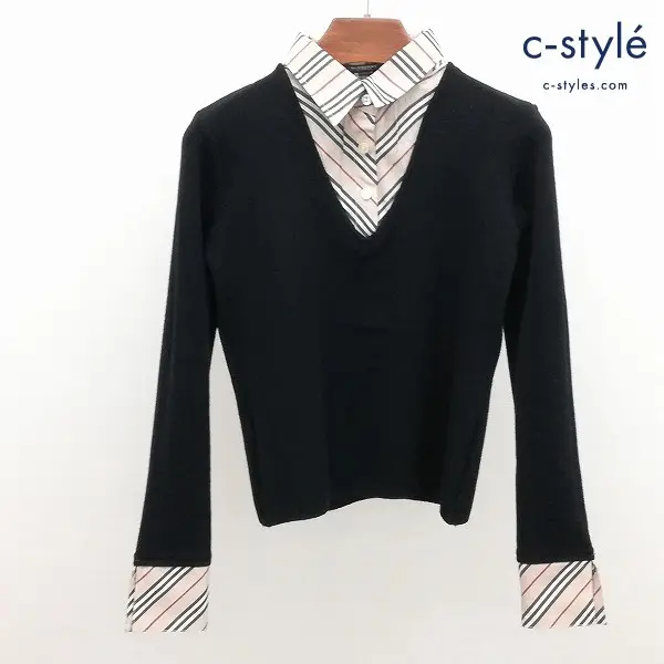 BURBERRY バーバリー 重ね着風 Vネックニット 160A ブラック×ベージュ系 長袖 綿100% レディース