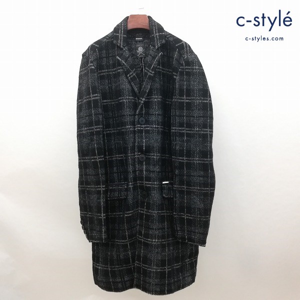 DIESEL 圧縮ニットチェスターコート L グレー×ホワイト×ブラック チェック柄 カットオフ加工
