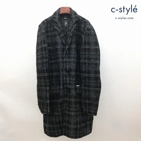 DIESEL 圧縮ニットチェスターコート L グレー×ホワイト×ブラック チェック柄 カットオフ加工