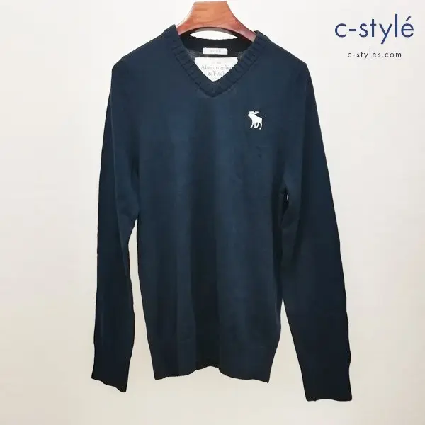 Abercrombie＆Fitch アバクロ Vネックセーター M ネイビー プルオーバーニット ヘラジカ刺繍 薄手