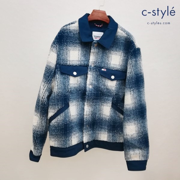 TOMMY JEANS TJM SHERPA CHECK TRUCKER JACKET ボタンダウンジャケット L ネイビー×ホワイト