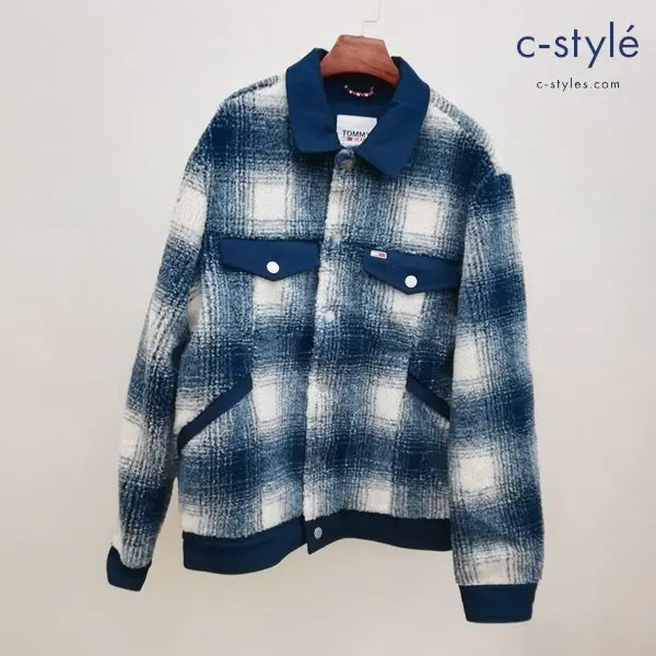 TOMMY JEANS TJM SHERPA CHECK TRUCKER JACKET ボタンダウンジャケット L ネイビー×ホワイト