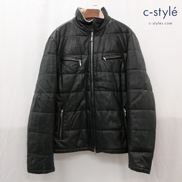 ENRICO MANDELLI エンリコ・マンデッリ レザー中綿入りブルゾン 54 ブラック イタリア製 ラムレザー ウール