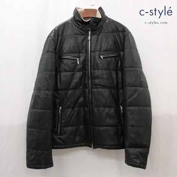 ENRICO MANDELLI エンリコ・マンデッリ レザー中綿入りブルゾン 54 ブラック イタリア製 ラムレザー ウール