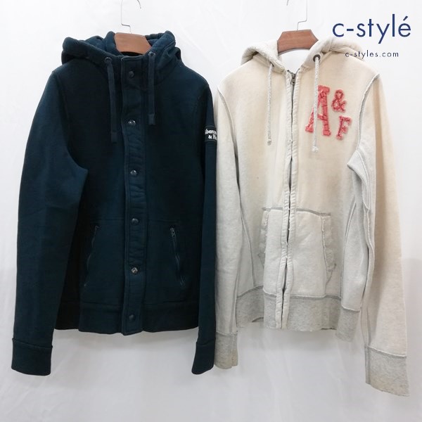 Abercrombie&Fitch アバクロ パーカー M ネイビー クリーム系 ヴィンテージ加工 ジップアップ 厚手