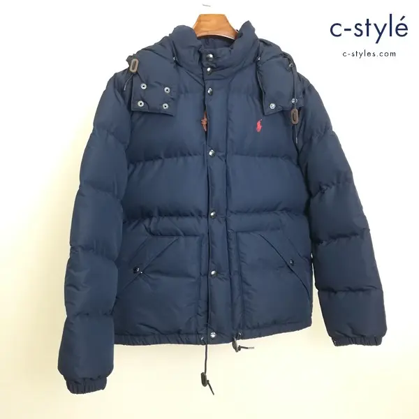 POLO RALPH LAUREN ダウンジャケット L ネイビー 長袖 フード ポニーロゴ刺繍 ダブルジップ