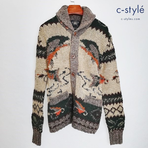 RRL ダブルアールエル ハンドニット カーディガン XS マルチカラー 長袖 総柄 シルク混 ショールカラー