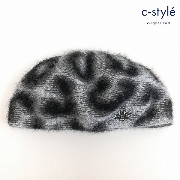 Vivienne Westwood ベレー帽 S～M グレー×ブラック アンゴラ オーブ刺繍 帽子 レディース 日本製