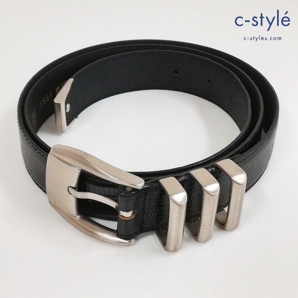 GIANNI VERSACE 型押し レザーベルト 100/40 ブラック イタリア製 メデューサ 3連シルバー金具